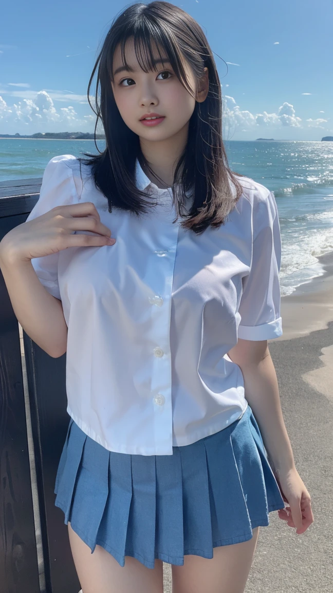 Very detailed、masterpiece、Highest quality、Ultra-high resolution、8K High Resolution、Photogenic transparency、Detailed eyes、Gradation、Perfect anatomical figure ,hard disk、Hmph , Nikon Z9 80mm Lens , Tabletop、Street in front of Tokyo Station、Standing model、shirt、(school uniform:1.5)、(((Skirts must be worn)))、(((Lift the hem of a skirt)))、Panty Focus、Too bright natural light、sunlight、(((While standing, She lifts her skirt to show her pussy to the camera.)))、(((Beautiful and white teeth)))、(((Raise your skirt higher and higher,Show your pussy to the camera)))、Ultra slim body、(G-cup big breasts:1.3)、Slim model body shape、Beautiful posture、Wearing a collar、Earrings、Earrings、((Navy Blue Skirt)
