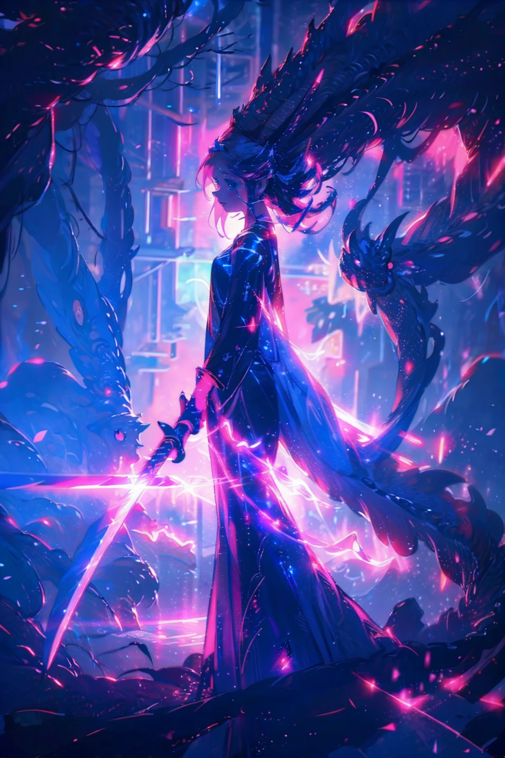 ((Best Quality)), ((masterpiece)), ((detailed)), ((High Definition)), 
1girl,solo,cool,(((pink short hair,blue eyes))),
The black silhouette of an anime-style magic swordsgirl,With a sparkle background,With a magical aura-cutting light,
hold a sword,with shining in rainbow lines were shiny and luminous, aiming a sword at viewer,
cyber,neon,lightning sword,thunder effect,dark neon dragon her background,