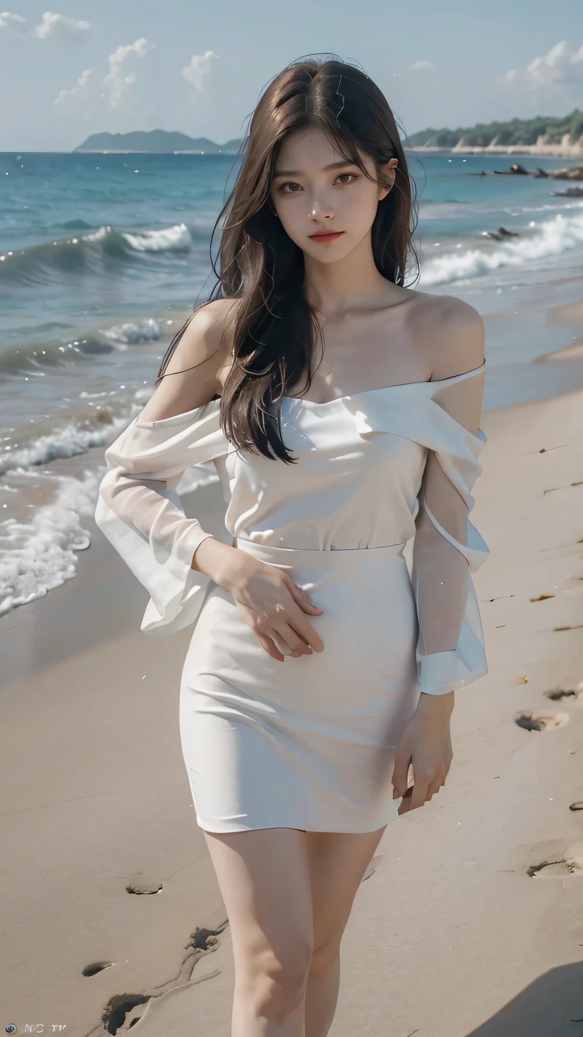 ultra-wide-angle, perfecteyes, Perfect breasts, Natural skin, Textured skin, Perfect face, (Glowing eyes:1.1), Glowing skin, (Perfect hands, Perfect anatomy), A girl walking on the beach, sunset, With the ocean as a backdrop. 1 female, 23yr old, indian+chinese mix supermodel, Slender，Dark brown hair in loose wavy styling，medium breasts，Wear a pendant，wearing summer dress,
