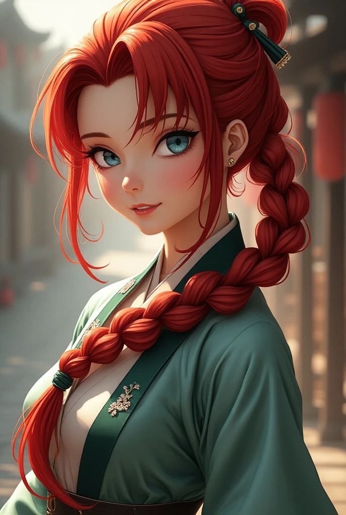 anime, hda, a close up of a woman with ((red braided low ponytail hair)) and (((the most beautiful green eyes))) in (((blue outfit))), (((determined)), 8k, Unreal Engine 5, octane render, by kyun, gamang, Yoon Gon-Ji, g.ho, gosonjak, shuroop, serious, domi, noah, trending on pixiv, fanbox, skeb, masterpiece, detailed face, smooth soft skin, big dreamy eyes, beautiful intricate colored hair, symmetrical, anime wide eyes, soft lighting, concept art, digital painting,