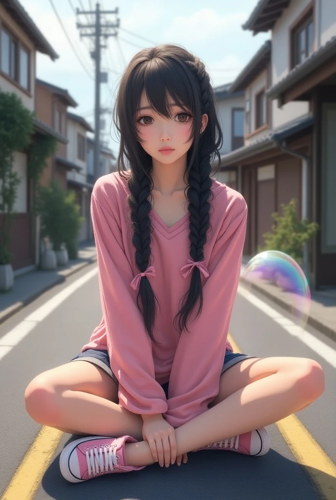 Country Street ,,, (Outdoor, Night:1.5,Ultra Slender Face,((Realistic lighting, Best Quality, 8K, Masterpiece:1.3)),(Masterpiece, Best Quality, Ultra Detail, High Definition), Perfect Face, Side Light, Glossy Skin, (Bloom), (Glow), Lighting, Ray Tracing, One Girl, Solo, Black Hair, Sweater, Black Beautiful Eyes, Mini Skirt, Dress, Hair Bow, Pink Mini Skirt ,(((squatting on the ground))))), (angle from down))), bow, lips, turtleneck sweater, curls, chest, turtleneck, parted lips, jewelry, depth_of_field, highly detailed background, very detailed background, masterpiece, super detail, great composition, dynamic angle, [bottle bottom], (wide angle lens), very sophisticated and beautiful, ( Best Quality), (Masterpiece), Depth of Field, Solo, Extreme Light and Shadow, Masterpiece, Rich Detail, (Fine Function), (Best Quality), (Masterpiece), (Eye for Detail), (Beautiful) Detail, Eye for Beautiful Detail, (Straight Up), Upper Body , (Highly Detailed CG Unity 8k Wallpaper), (Masterpiece), (Best Quality), (Super Detail), (Best Illustration) (Best Shadow), Perfect lighting, perfect anatomy, ((shooting from the front)),