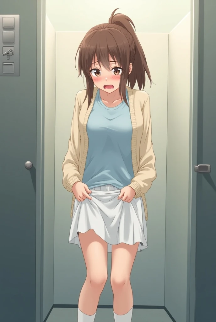 1girl, hand in panties, kitabkn, covering crotch,, masterpiece, best quality, highly detailed, brown hair, short hair, pink eyes