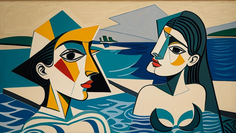 male, And female cubist paintings, water, return, Picasso, tortoise, Beach