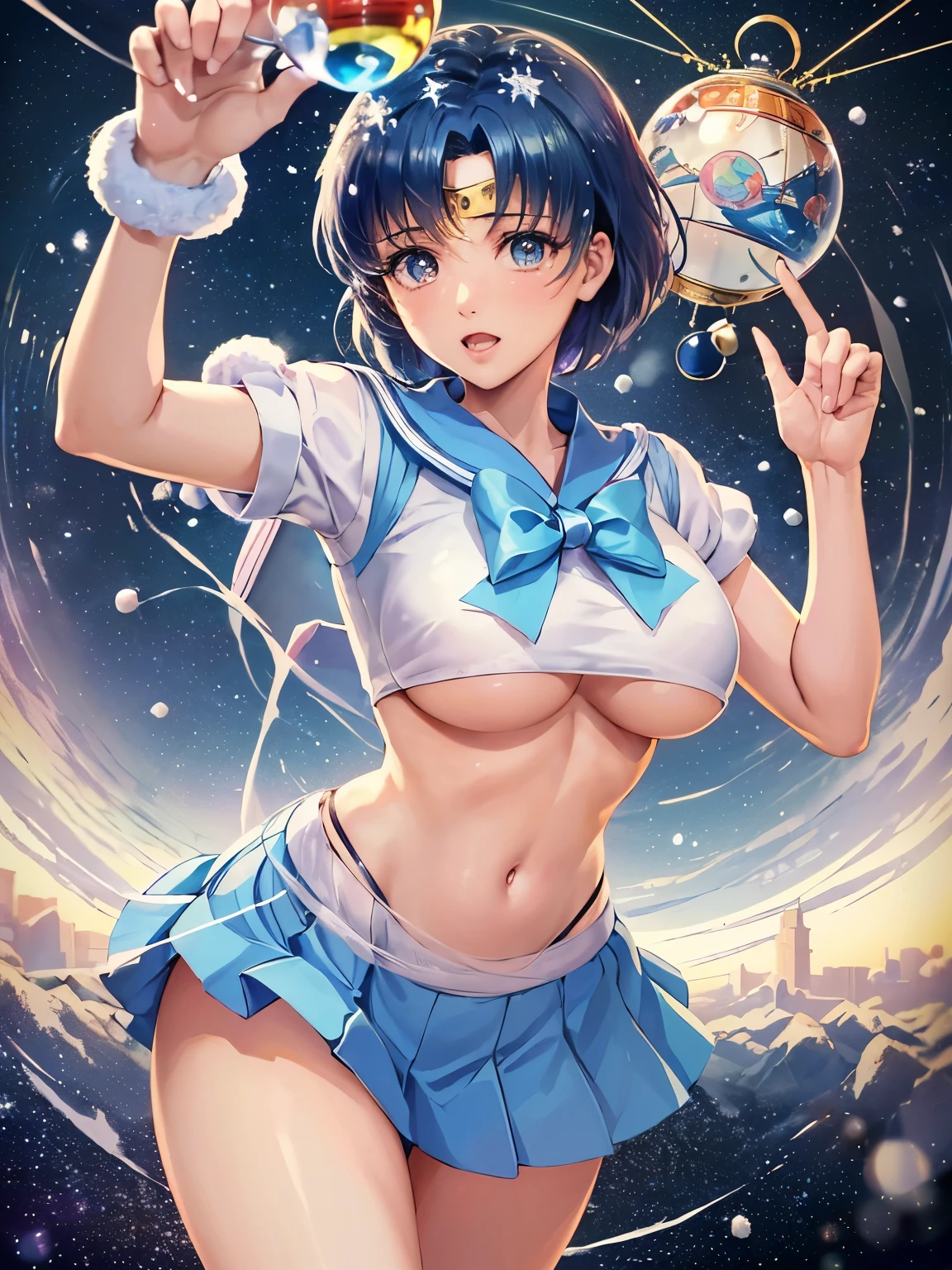 table top, highest quality, 1 girl, (sailor mercury),light blue hair, (black eye:1.2),((Topless))、(())、((embarrassed look))、((full moon))、((Photo from below))、(((thigh high boots)))、((short hair hair))、((black long gloves))、((open your legs))、((black pantieserra))、((nipple)),from spread legs, sailor re breasts, Plump woman, sweat, hu glasses, thong, hairband, garter t, UHD, masterpiece, anatomically correct, textured skin, super detail, high quality,pink kawaii room , pink gothic room, messy room, Candy, heart item, ribbon,star item, small window, (Miscellaneous goods are placed in a mess:1.3),dresser, antimacassar ,