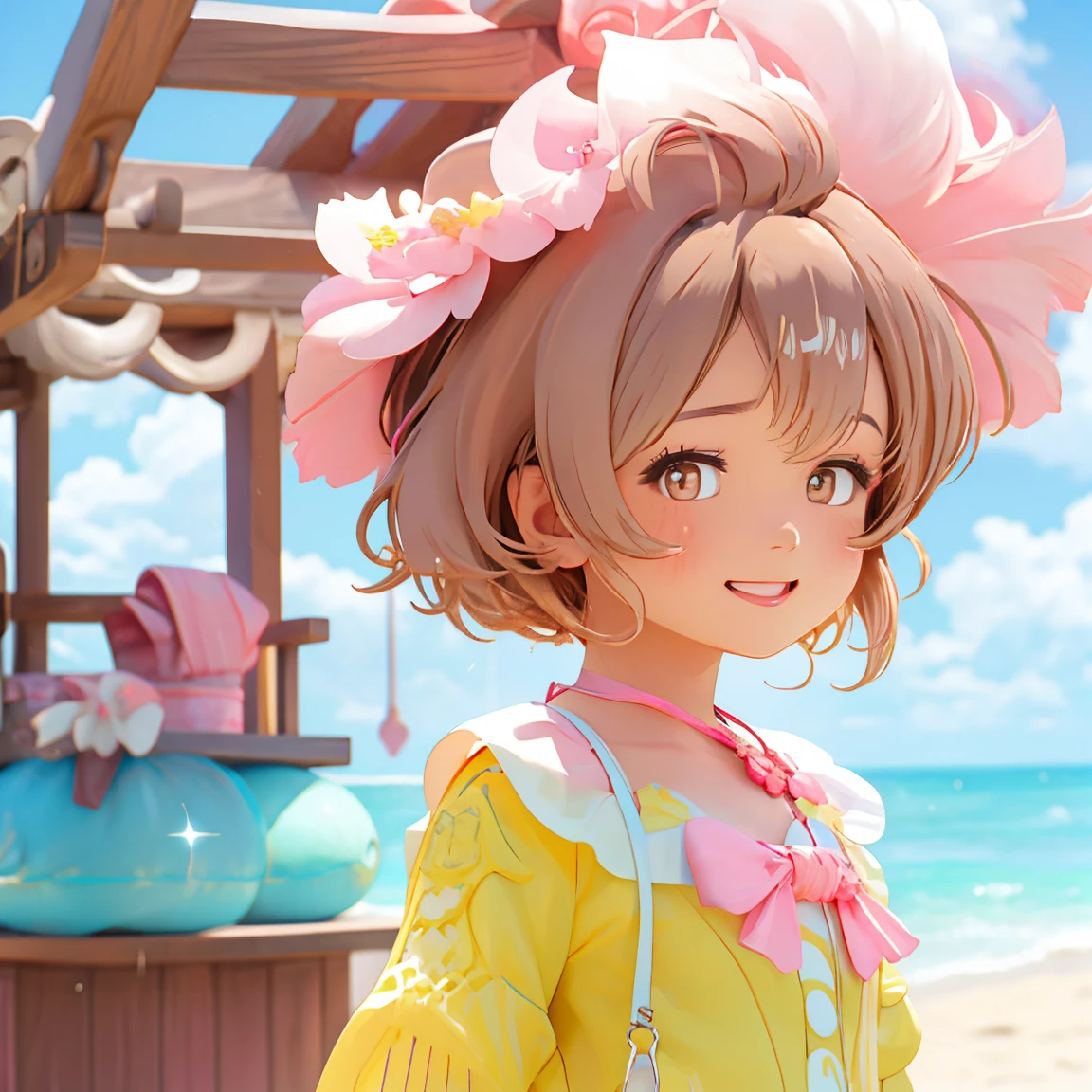 (((chibi 3d)))Cute and beautiful chibi anime/Bob hairstyle mixed with pink and blue,Sundress with strawberry print print,Knitted sandals,Summer Beach,Palm trees.Crying hard,Tears flow,While holding your hands close to your face「Hello」and shout。