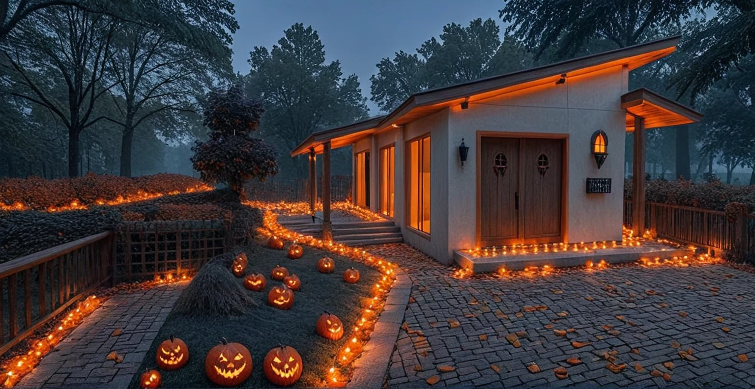 This image shows a dark, spooky mansion decorated for Halloween, reminiscent of a haunted house. The building has gothic-style architecture with sharp, pointed rooftops and an eerie, grayish façade. Glowing jack-o'-lanterns with mischievous, carved faces are lined up on the pathway leading to the entrance, their warm orange light casting an eerie glow. The atmosphere is dark and misty, with the sky having a deep blue twilight hue, adding to the haunting mood. Old-fashioned street lamps with orange lights flank the path, enhancing the creepy, Halloween ambiance of the scene,(sunset:1.2) (lightnight:1.2)
 vivid colour, (realistic:1.2),