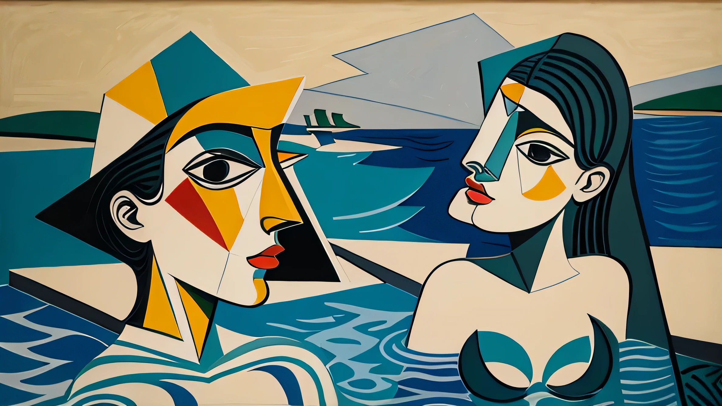 male, And female cubist paintings, water, return, Picasso, tortoise, Beach