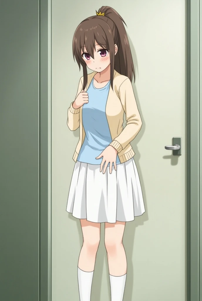  1 girl, Brown Hair,  ponytail,  CACP, anime,  medium hair , garden, Outside the women's restroom ,  in front of a locked private room , Light blue T-shirt,  cream cardigan , White knee-length skirt , White socks,  hold the crotch tightly with your hand from the top of the skirt, Painful expression, Teary-eyed, Black Shoes