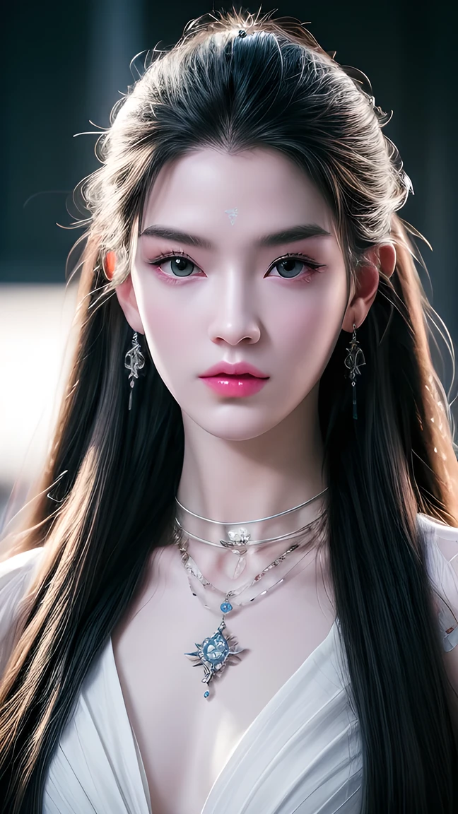 masterpiece, Best quality, Nearly perfect, (Perfect face:1.1), (High Detail:1.1), drama, (1 person), has fair skin, (Pure white long hair:1.4), Black Eye, Otto Seppalainen, Solitary, Long white hair, White luxury suit, Cover your belly button, Snob, Albinism, Luminous Studios Graphics Engine, Pout, Demon Magician, Volumetric Lighting, detailed eyes , (8k wallpaper masterpiece), Super detailed, Intricate details, Absolute pixel perfection, Rosette, Fashion, side, Looking at the audience, Balenciaga style,No teeth showing,Not blurry。