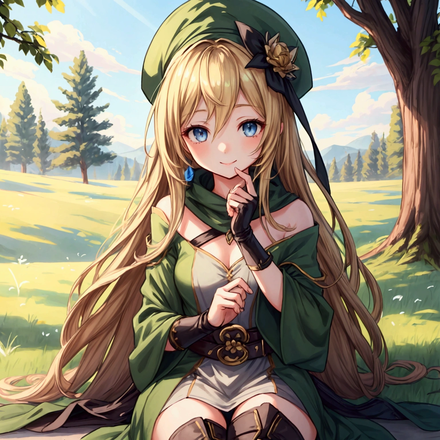 (masterpiece), best quality, expressive eyes, perfect face, highres, (female body:1.3),1 girl, solo, ootLink girl, hat, long hair, blonde hair, (green tunic), belt, fingerless gloves, boots, field, grass, trees, landscape, depth of field, smiling,sitting, upper body portrait, looking at the viewer, from frontal　"A slender woman with long, flowing black hair, standing at 160 cm tall, weighing 45 kg, with a petite chest. Her eyes are a soft, pale blue, giving her a mysterious aura. The image is rendered in ultra-high quality, capturing every fine detail with stunning clarity."