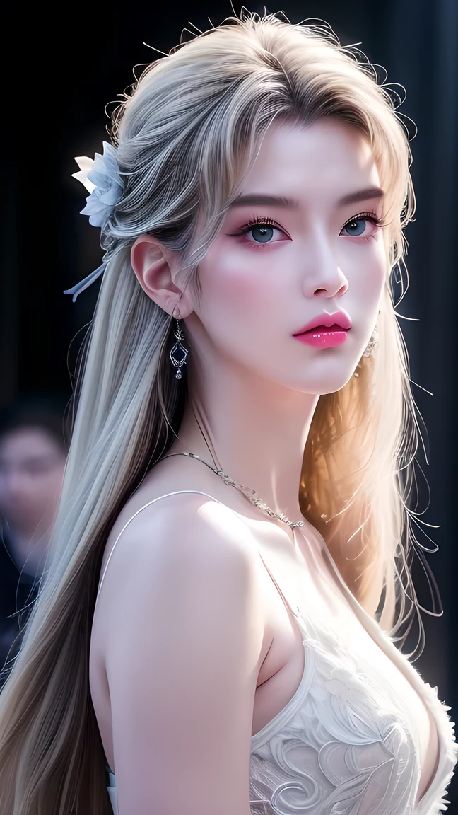 masterpiece, Best quality, Nearly perfect, (Perfect face:1.1), (High Detail:1.1), drama, (1 person), has fair skin, (Pure white long hair:1.4), Black Eye, Otto Seppalainen, Solitary, Long white hair, White luxury suit, Cover your belly button, Snob, Albinism, Luminous Studios Graphics Engine, Pout, Demon Magician, Volumetric Lighting, detailed eyes , (8k wallpaper masterpiece), Super detailed, Intricate details, Absolute pixel perfection, Rosette, Fashion, side, Looking at the audience, Balenciaga style,No teeth showing,Not blurry。