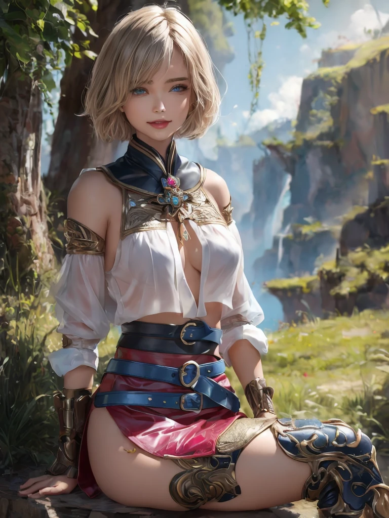 ultra sharp, ultra detailed hair, detailed beautiful face, masterpiece, best quality, absurdres, perfect anatomy, (1girl, solo), good anatomy, Ashelia, short hair, translucent AsheliaOutfit, miniskirt, thighhighs, jewelry, belt, standing, cowboy shot, smile, dynamic pose, dynamic angle, outdoors, plains, hills, dripping wet transparent clothes, (sitting, spreading legs by hands), spread crotch by hands, spread_pussy, (spreading pussy by hands)