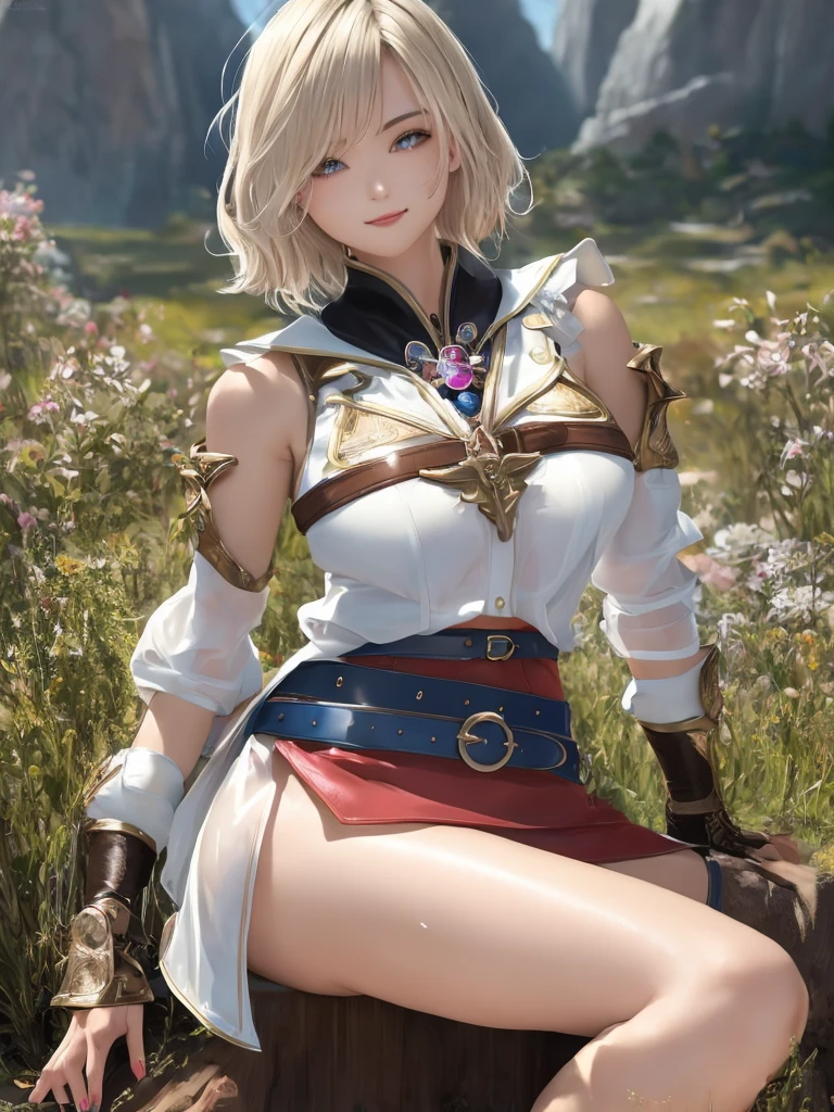 ultra sharp, ultra detailed hair, detailed beautiful face, masterpiece, best quality, absurdres, perfect anatomy, (1girl, solo), good anatomy, Ashelia, short hair, translucent AsheliaOutfit, miniskirt, thighhighs, jewelry, belt, standing, cowboy shot, smile, dynamic pose, dynamic angle, outdoors, plains, hills, dripping wet transparent clothes, (sitting, spreading legs by hands), spread crotch by hands, spread_pussy, (spreading pussy by hands)