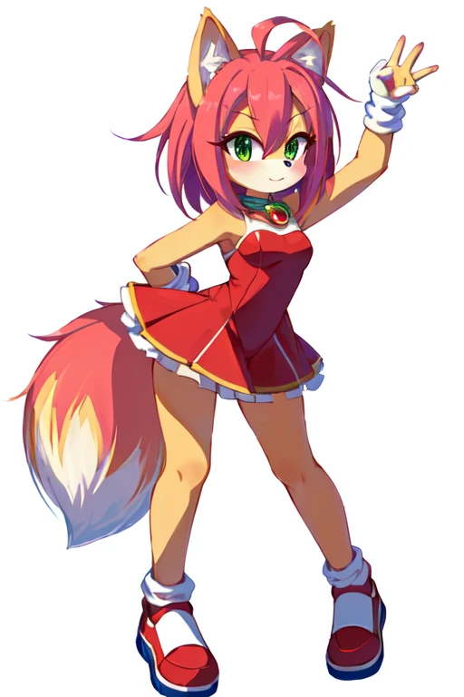 furry girl, cat, red hair, Knight bangs hairstyle, long ponytail, anime style, medium breasts, blue eyes, red jacket, sleeveless, open clothes, yellow bikini, purple skirt, princess crown, fantasy castle, clear sky, high quality, detailed body, detailed eyes, detailed face, masterpiece, glistening body, detailed body fur, best quality, sfw, two tone body, pink fur, clear pink fur, skinny