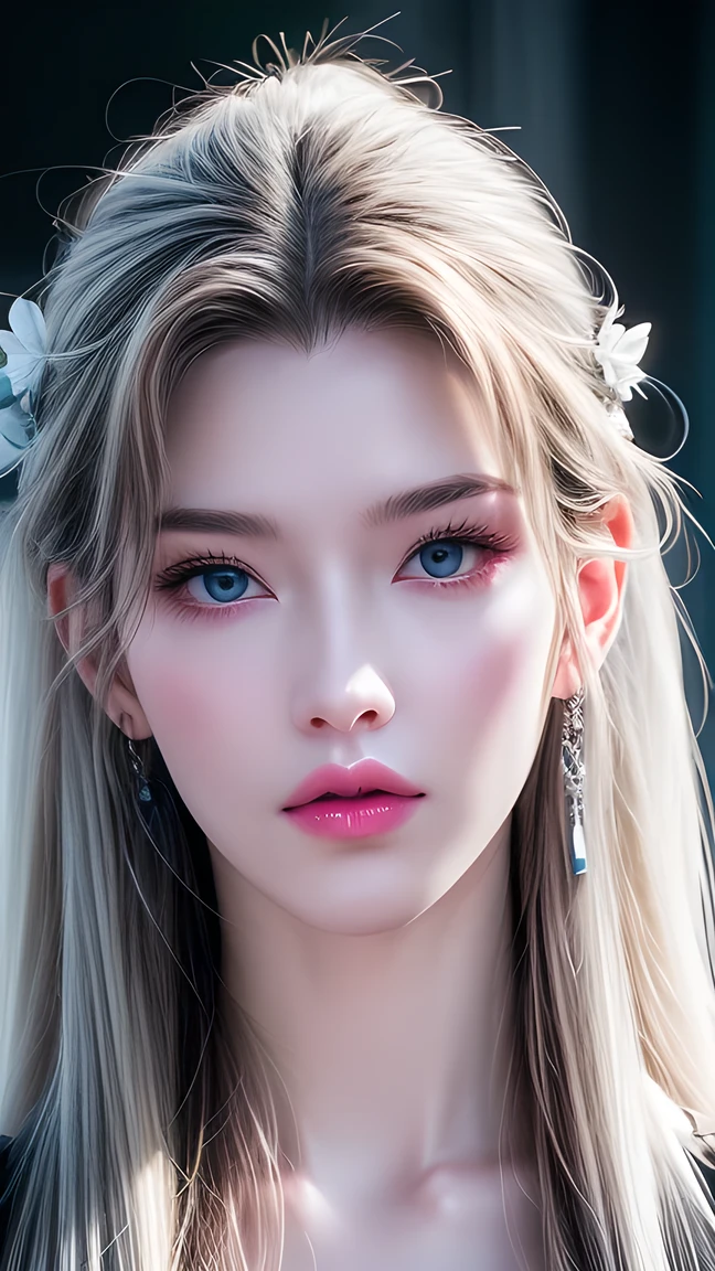 masterpiece, Best quality, Nearly perfect, (Perfect face:1.1), (High Detail:1.1), drama, (1 person), has fair skin, (Pure white long hair:1.4), Blue Eyes, Otto Seppalainen, Solitary, Long white hair, White luxury suit, Cover your belly button, Snob, Albinism, Luminous Studios Graphics Engine, Pout, Demon Magician, Volumetric Lighting, detailed eyes , (8k wallpaper masterpiece), Super detailed, Intricate details, Absolute pixel perfection, Rosette, Fashion, side, Looking at the audience, Balenciaga style,No teeth showing,Not blurry。