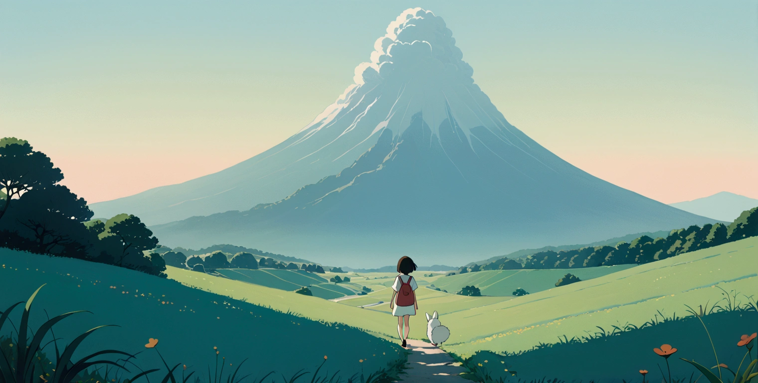 (minimalism:1.4), Lofi anime style, Studio Ghibli art, Miyazaki ,pastel , cute ,minimalist , landscape , SPIRITED AWAY From Hayao Miyazak