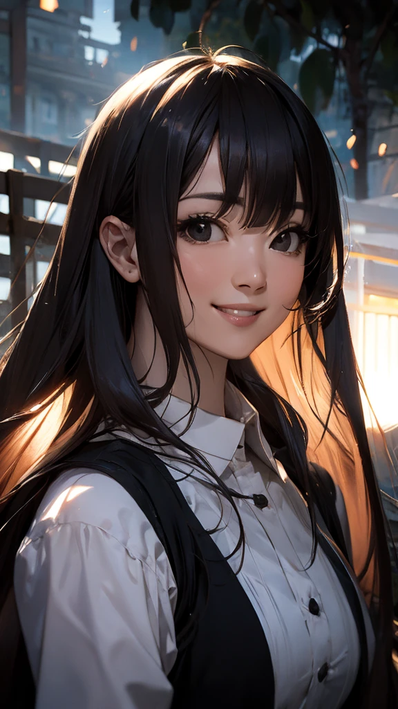 detailed face, perfect face, portrait, light smile, backlighting, outdoors, long hair, bangs, black eyes, hitomi-t