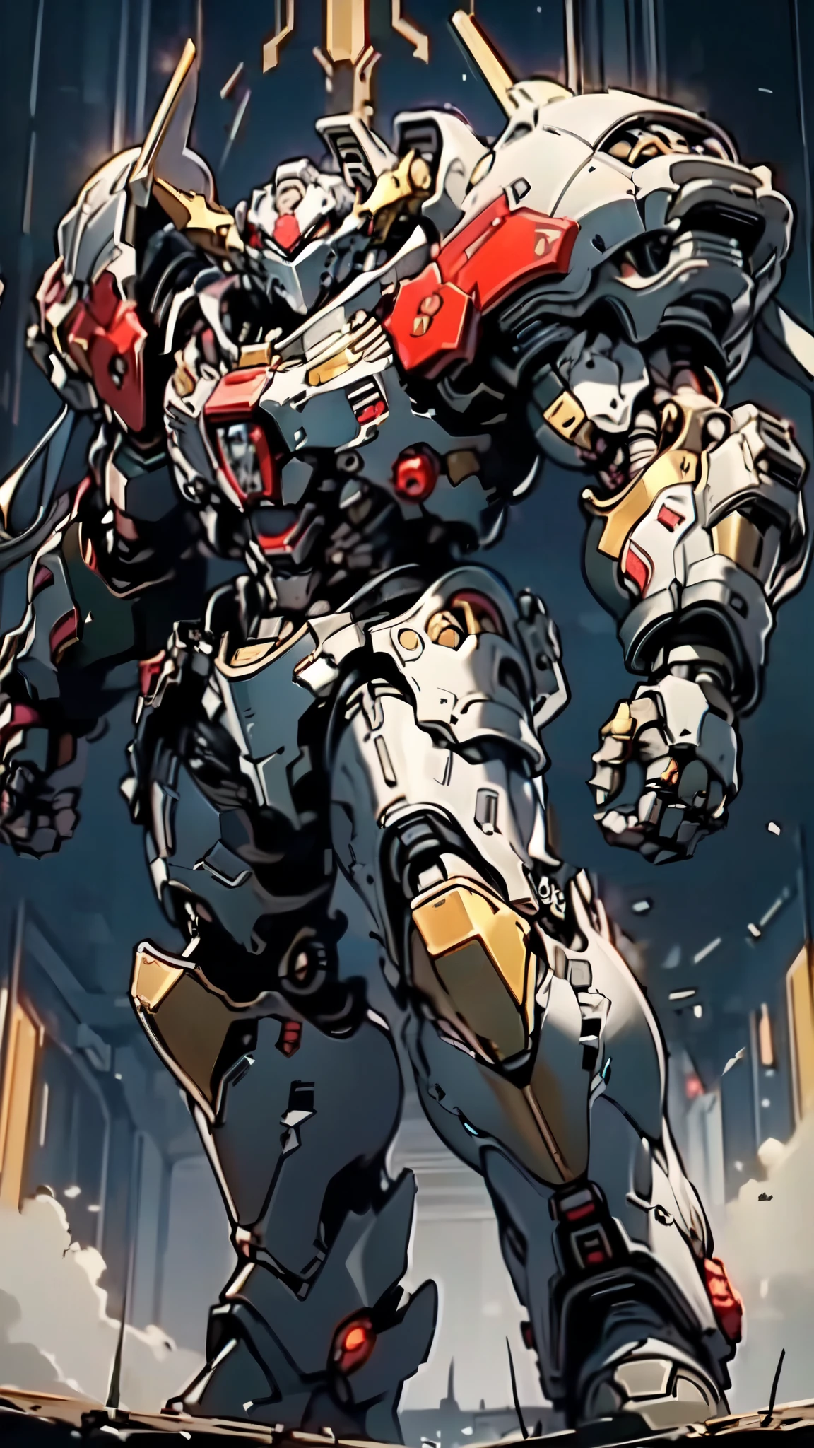 (masterpiece:1.5, best quality:1.5, extremely delicate:1.5, dynamic angle:1.5), ((male:1.5)), Biomimetic humanoid Mecha, green eyes, fully enclosed shoulder guards, matching arm and leg guards, gemstone, full body, full armor, the design balances heavy with agility, organic biotech armor, (the color scheme is primarily Black and White with Golden and Red accents, concept Inspired by Bat, glowing eyes, the armor glows), standing, floating high above the futuristic sci-fi city, a finely crafted Super robot in anime style, exquisite and mature art style, metallic, dramatic, high definition, highres, ultra-detailed, ultra-fine painting, professional, anatomically correct, symmetrical face, extremely detailed eyes and face, high quality eyes, creativity, RAW photo, UHD, 32k, Natural light, cinematic lighting, (masterpiece-anatomy-perfect:1.2)