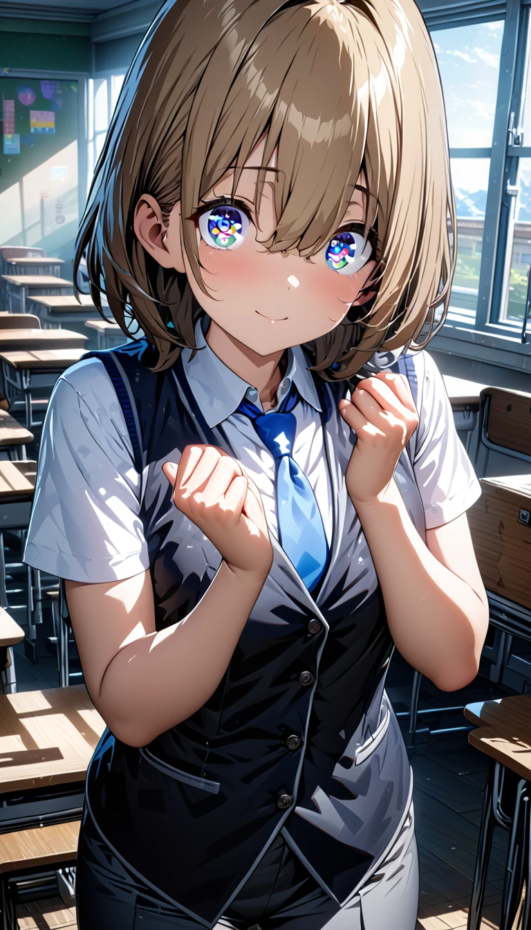 masterpiece, Highest quality, High resolution, ui2, One Girl, alone, Green Eyes, alone, Red Skirt, White shirt, Low Twintails, pom-pom \(Clothes\), Collared shirt, Blue Ribbon,, Long sleeve, cardigan,Swimwear,Cowboy Shot, Sitting, classroom, mechanical, put your hands on the table, smile, Show me your armpits, Raise your arms