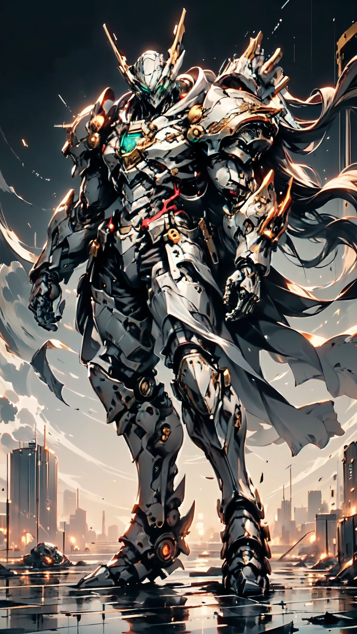 (masterpiece:1.5, best quality:1.5, extremely delicate:1.5, dynamic angle:1.5), ((male:1.5)), Biomimetic humanoid Mecha, green eyes, fully enclosed shoulder guards, matching arm and leg guards, gemstone, full body, full armor, the design balances heavy with agility, organic biotech armor, (the color scheme is primarily Black and White with Golden and Red accents, concept Inspired by Bat, glowing eyes, the armor glows), standing, floating high above the futuristic sci-fi city, a finely crafted Super robot in anime style, exquisite and mature art style, metallic, dramatic, high definition, highres, ultra-detailed, ultra-fine painting, professional, anatomically correct, symmetrical face, extremely detailed eyes and face, high quality eyes, creativity, RAW photo, UHD, 32k, Natural light, cinematic lighting, (masterpiece-anatomy-perfect:1.2)