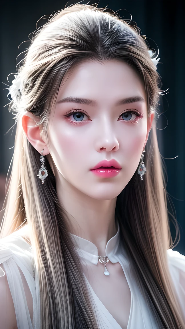 masterpiece, Best quality, Nearly perfect, (Perfect face:1.1), (High Detail:1.1), drama, (1 person),  has fair skin, (Pure white long hair:1.4), White eyes, Otto Seppalainen, Solitary, Long white hair, White luxury suit, Cover your belly button, Snob, Albinism, Luminous Studios Graphics Engine, Pout, Demon Magician, Volumetric Lighting,  detailed eyes , (8k wallpaper masterpiece), Super detailed, Intricate details, Absolute pixel perfection, Rosette, Fashion, side, Looking at the audience, Balenciaga style，No teeth showing，Not blurry。