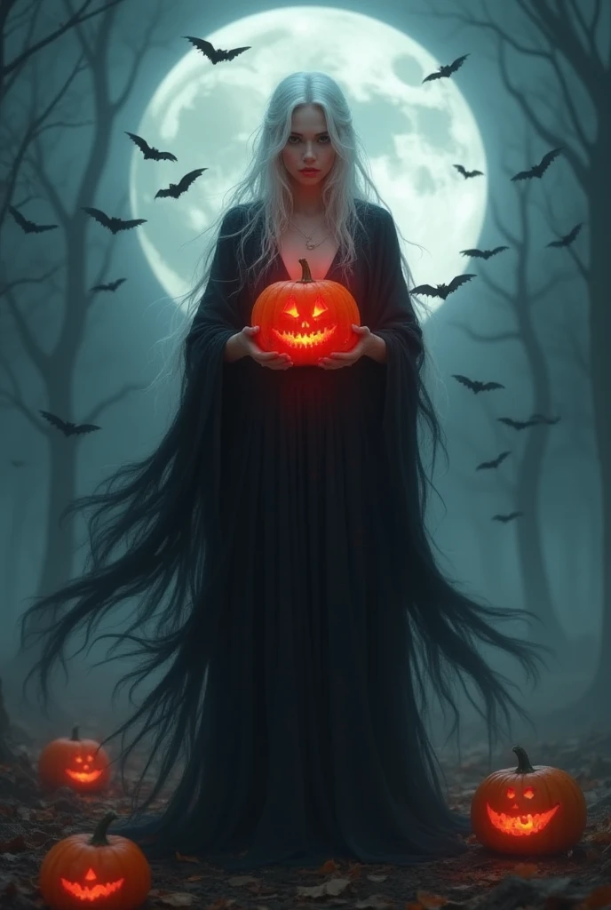 woman, albino, witch, pumpkin, night, bats, blood