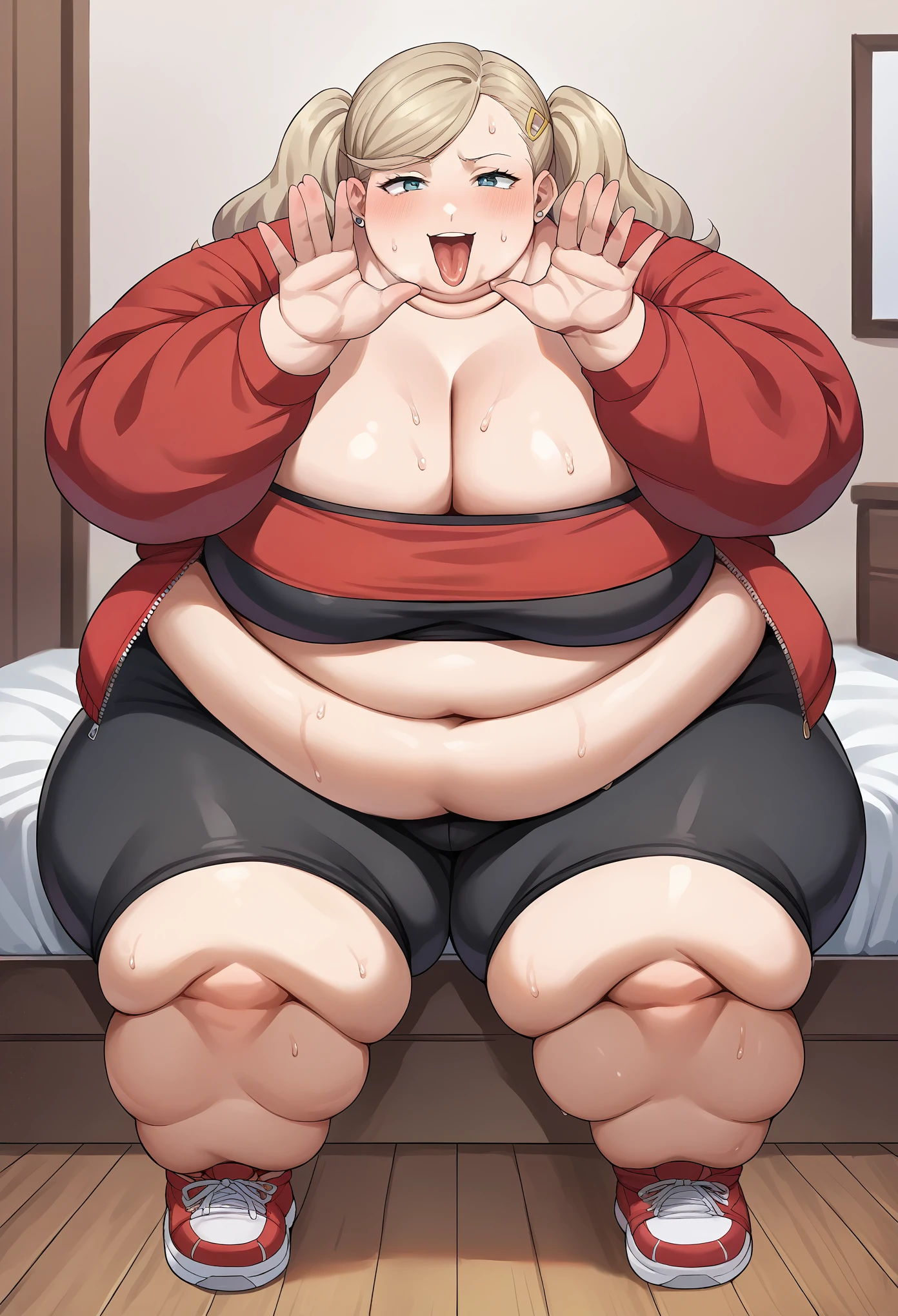 score_9, score_8_up, score_7_up, source_anime BREAK 1girl, takamaki ann, ganryu, tube top, red jacket, black bike shorts, bedroom, smile, squatting, fellatio gesture, sweating, growing fatter, fat, chubby, obese, full body shot, gigantic arms and legs