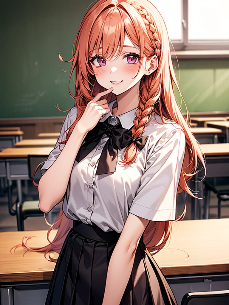 (masterpiece, best quality), 1girl, stoic, looking to the side, beautiful face,   Gray eyes, Dark red hair, low twin tails, white ribbons, sleeveless halter neck white collared shirt, dark blue necktie, dark blue skirt, small breasts, toned arms, pink cute underwear, 