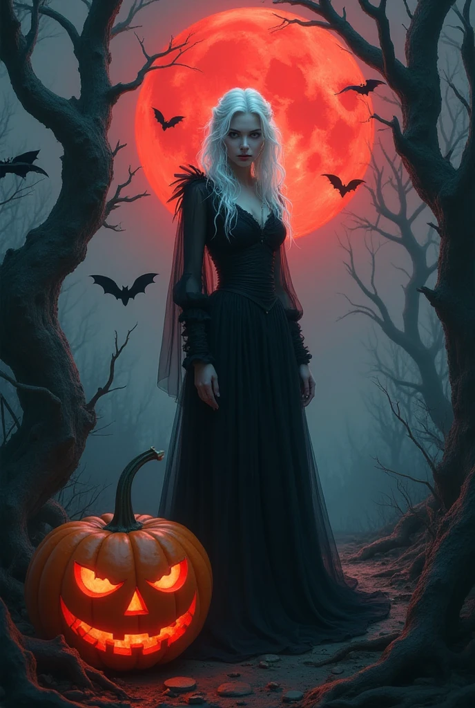 woman, albino, witch, pumpkin, night, bats, bloody moon, fear