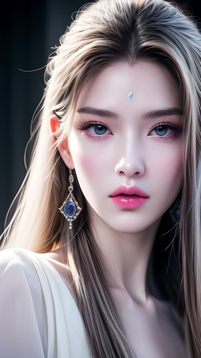 masterpiece, Best quality, Nearly perfect, (Perfect face:1.1), (High Detail:1.1), drama, (1 person), has fair skin, (Pure white long hair:1.4), White eyes, Otto Seppalainen, Solitary, Long white hair, White luxury suit, Cover your belly button, Snob, Albinism, Luminous Studios Graphics Engine, Pout, Demon Magician, Volumetric Lighting, detailed eyes , (8k wallpaper masterpiece), Super detailed, Intricate details, Absolute pixel perfection, Rosette, Fashion, side, Looking at the audience, Balenciaga style,No teeth showing,Not blurry。