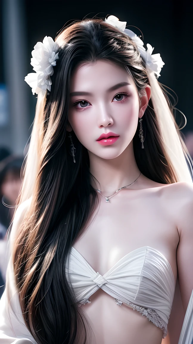 masterpiece, Best quality, Nearly perfect, (Perfect face:1.1), (High Detail:1.1), drama, (1 person), has fair skin, (Pure white long hair:1.4), White eyes, Otto Seppalainen, Solitary, Long white hair, White luxury suit, Cover your belly button, Snob, Albinism, Luminous Studios Graphics Engine, Pout, Demon Magician, Volumetric Lighting, detailed eyes , (8k wallpaper masterpiece), Super detailed, Intricate details, Absolute pixel perfection, Rosette, Fashion, side, Looking at the audience, Balenciaga style,No teeth showing,Not blurry。