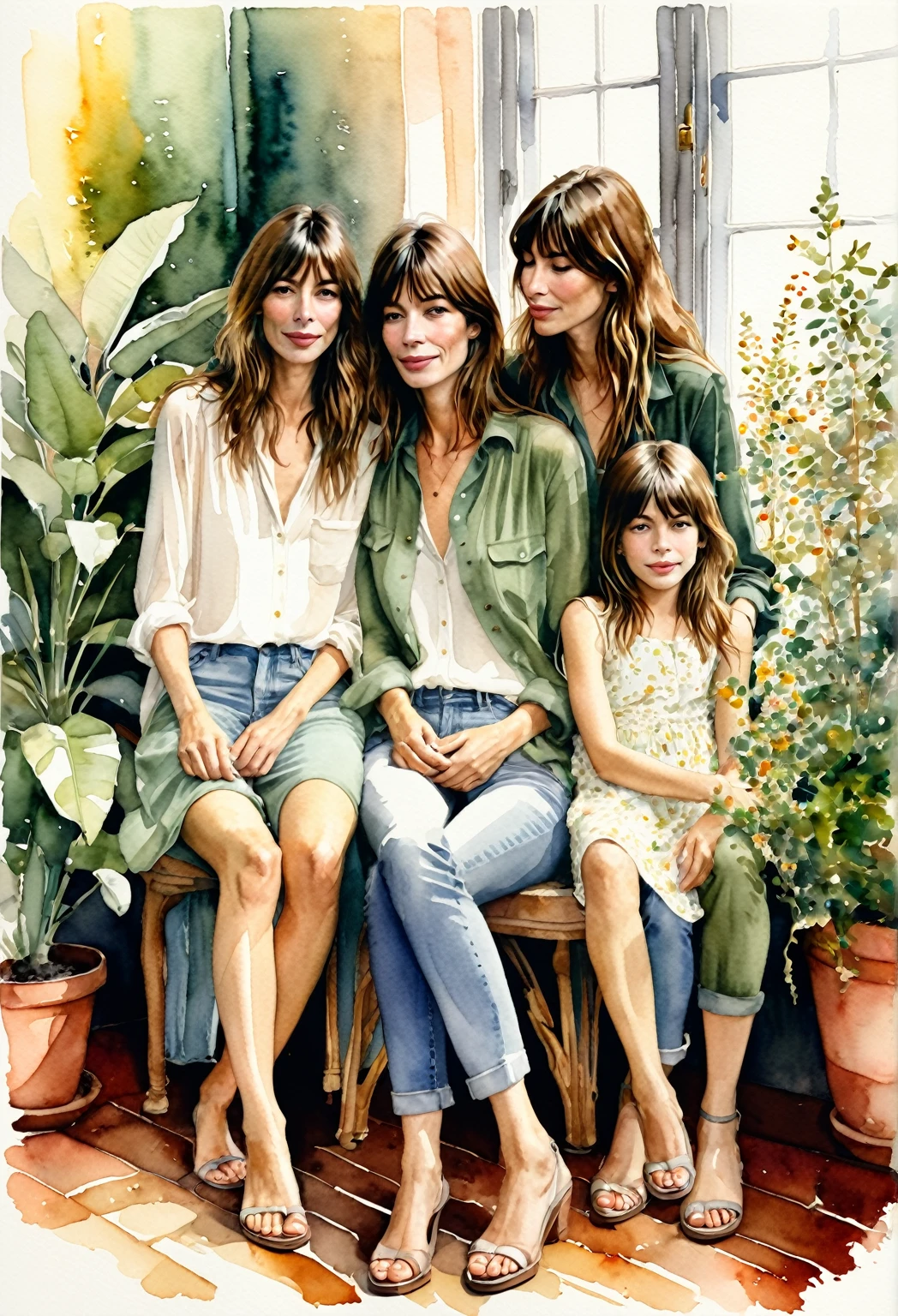 watercolor, "Illustration of Jane Birkin with her daughters, Charlotte Gainsbourg and Lou Doillon, capturing a warm, intimate family moment. The trio is depicted in a cozy, natural setting—perhaps sitting together on a Parisian balcony or in a sunlit living room filled with plants and vintage decor. Jane sits in the center, her arms gently around both daughters, exuding a sense of nurturing warmth and grace. Charlotte, with her effortlessly cool and slightly reserved demeanor, sits close, while Lou, with her more bohemian, free-spirited style, leans in with a carefree smile. The overall mood is one of love and connection, with a focus on their bond as mother and daughters.

The color palette features soft, natural tones—beiges, earthy greens, and muted pastels—complementing the relaxed, familial atmosphere. Their outfits reflect their individual styles: Jane in a timeless, understated ensemble, Charlotte in something minimalist yet chic, and Lou in a more eclectic, laid-back outfit. The lighting is soft and golden, giving the scene a nostalgic, tender glow, capturing the essence of their close-knit relationship."