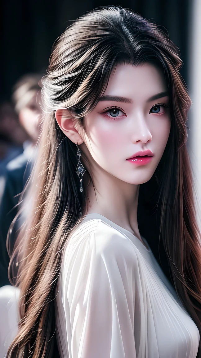 masterpiece, Best quality, Nearly perfect, (Perfect face:1.1), (High Detail:1.1), drama, (1 person), has fair skin, (Pure white long hair:1.4), White eyes, Otto Seppalainen, Solitary, Long white hair, White luxury suit, Cover your belly button, Snob, Albinism, Luminous Studios Graphics Engine, Pout, Demon Magician, Volumetric Lighting, detailed eyes , (8k wallpaper masterpiece), Super detailed, Intricate details, Absolute pixel perfection, Rosette, Fashion, side, Looking at the audience, Balenciaga style,No teeth showing,Not blurry。