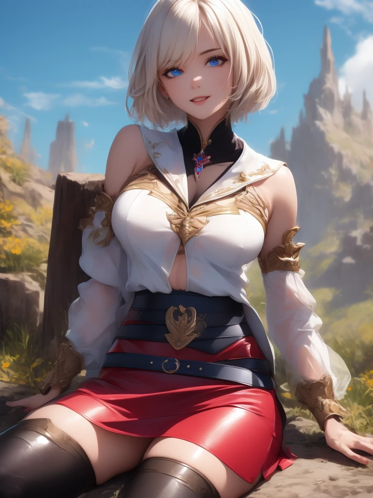 ultra sharp, ultra detailed hair, detailed beautiful face, masterpiece, best quality, absurdres, perfect anatomy, (1girl, solo), good anatomy, Ashelia, short hair, translucent AsheliaOutfit, miniskirt, thighhighs, jewelry, belt, standing, cowboy shot, smile, dynamic pose, dynamic angle, outdoors, plains, hills, dripping wet transparent clothes, (sitting, spreading legs by hands), spread crotch by hands, spread_pussy, (spreading pussy by hands)