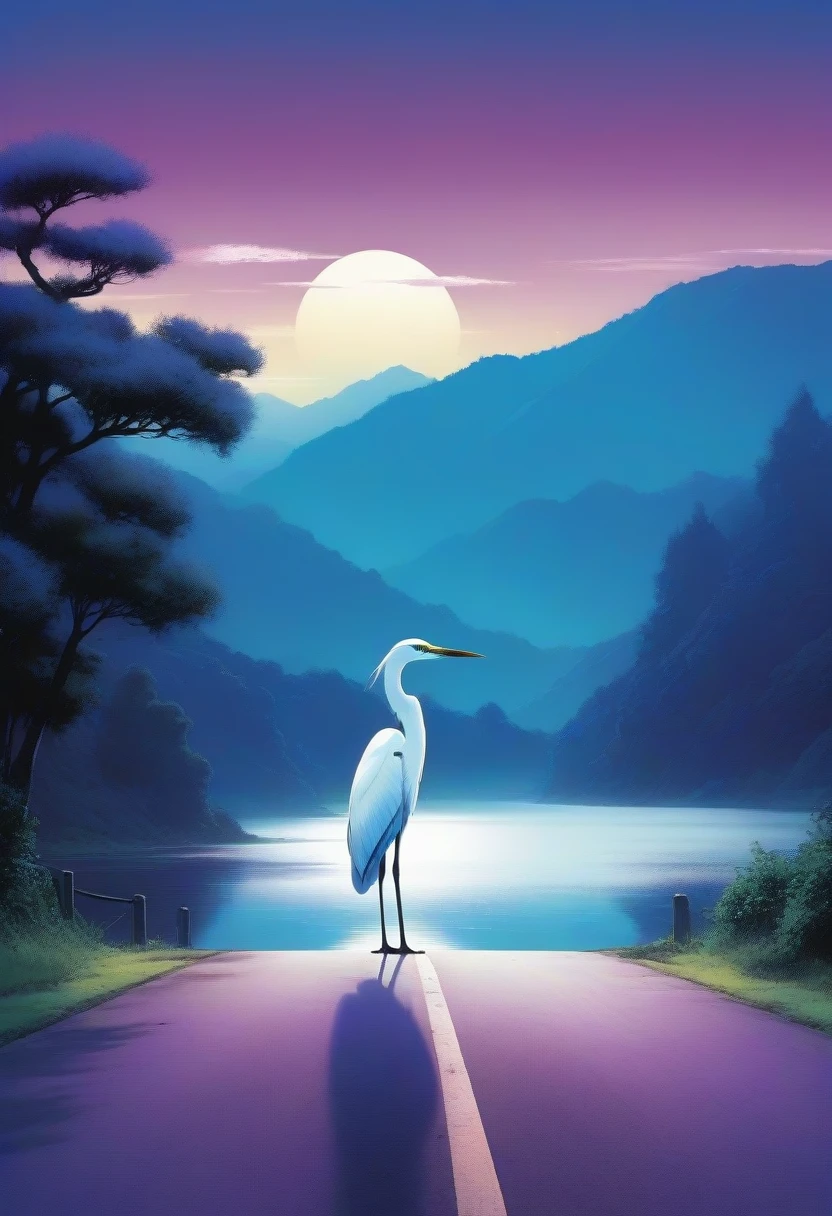 Tranquil Landscape illustration,  blue purple gradient lake close-up， white heron standing on the road ,  Natural scenery ,  Studio Ghibli Style , fine texture, Rich changes in color , fool, Landscape illustration, 8k