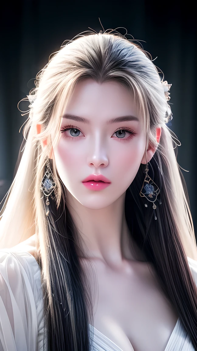 masterpiece, Best quality, Nearly perfect, (Perfect face:1.1), (High Detail:1.1), drama, (1 person), has fair skin, (Pure white long hair:1.4), White eyes, Otto Seppalainen, Solitary, Long white hair, White luxury suit, Cover your belly button, Snob, Albinism, Luminous Studios Graphics Engine, Pout, Demon Magician, Volumetric Lighting, detailed eyes , (8k wallpaper masterpiece), Super detailed, Intricate details, Absolute pixel perfection, Rosette, Fashion, side, Looking at the audience, Balenciaga style,No teeth showing,Not blurry。