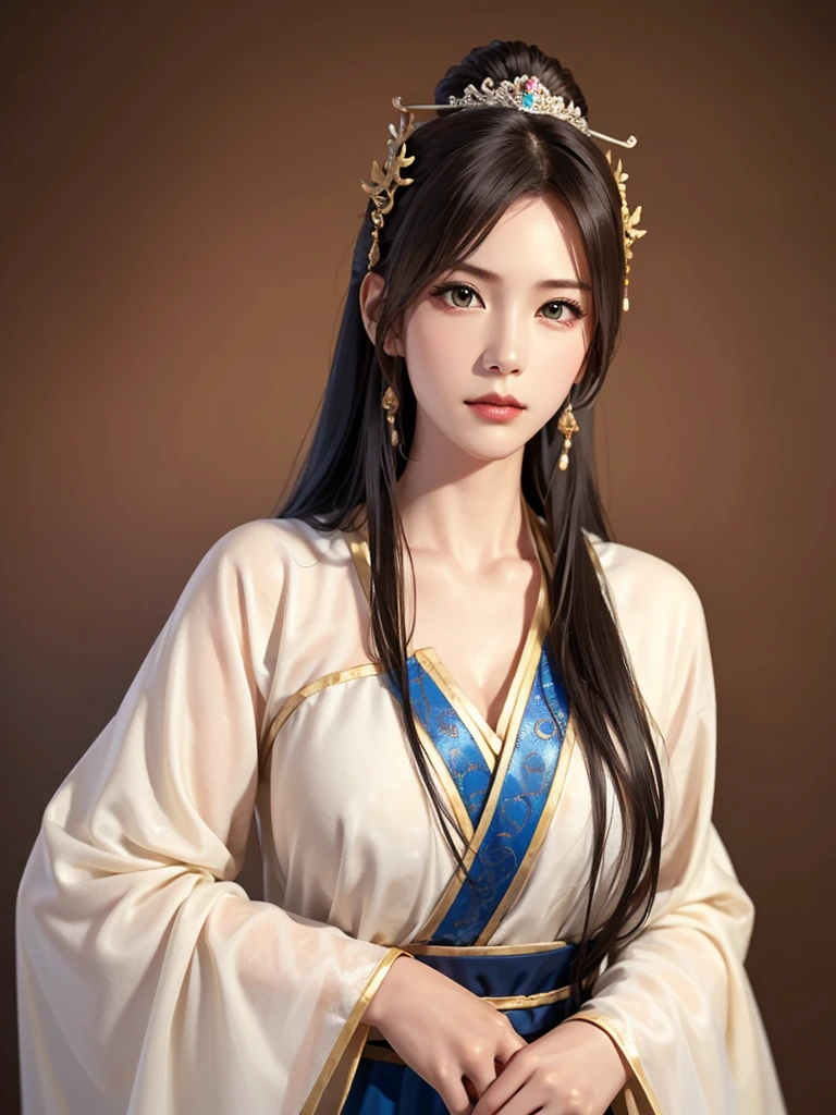 ancient chinese princess ， A girl wearing Hanfu, visual audience，,  beautiful girl 、Delicate body, Exquisite Eyes , Big 、Long hair,、Hair accessories Han Dynasty、Eternal,whole body、Lower Body，Three Kingdoms， (solid color background,,  simple background), Smoky environment, Adds a touch of mystery and drama to the scene. Soft and even lighting, Casts soft shadows, Create an atmosphere of seriousness and focus.