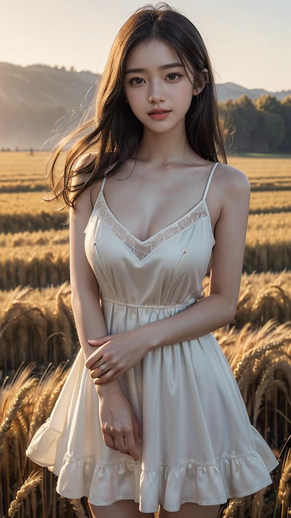 ((Master piece: 1.4)), Extremely CG Unity 8k walpaper, ((Realistic: 1.2)), Ray Tracing, k, Beautiful 22 years girl, Asian realistic girl, ((Young perfect slender Girl)), Ultra Realistic, ultra HD, ((taffy colour luxury Sundress)), ((Super round breast under the dress)), ((young breasts)), Young body, perfect shape body, ((romantic looks)), stylish Poses ((Wheat agriculture Fields)), Sleeping on Grass fields, ((Eyes open)), ((Every where wheat Fields)), (only wheat Fields)), Beautiful smile, ((smile: 1.2)), ((detailed background)), ((Detailed Dress)), ((Detailed body)), ((detailed skin)), ((realistic lips)), ((realistic smile)), ((Long Black silky hair)), cinematic lighting, cinematic Photography, High resolution Dress Quality, High resolution picture quality, Morning Light, Foggy morning, ((Cool weather)), peacefull climate,