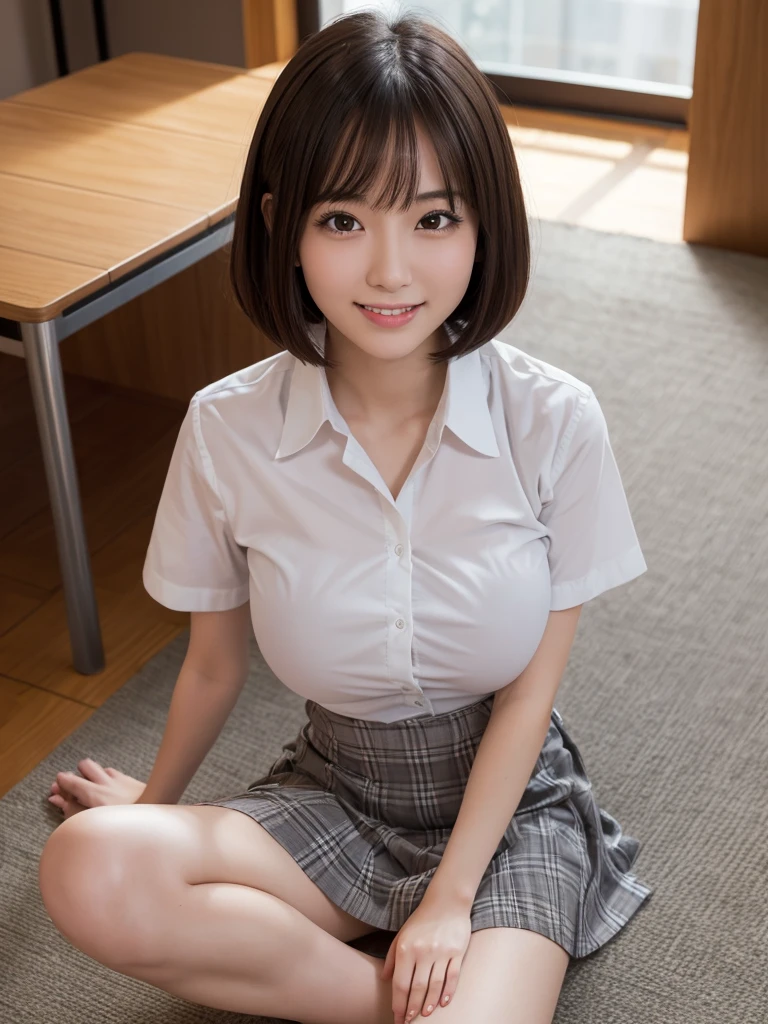 highest quality, masterpiece, High definition, 16k image, beautiful , Medium Bob Hair,明るい茶色のbeautiful髪, 明るい茶色のbeautiful目, (Plump and large breasts), High , Narrow waist, Short sleeve white blouse, Pleated skirt, High school girl sitting by the window in a cafe, blush, Beyond the Window, The rain falls quietly, 街の明かりがbeautiful景色を創り出す,、((Sexy panties in full view:1.2))、((Spread your legs wide:1.2))