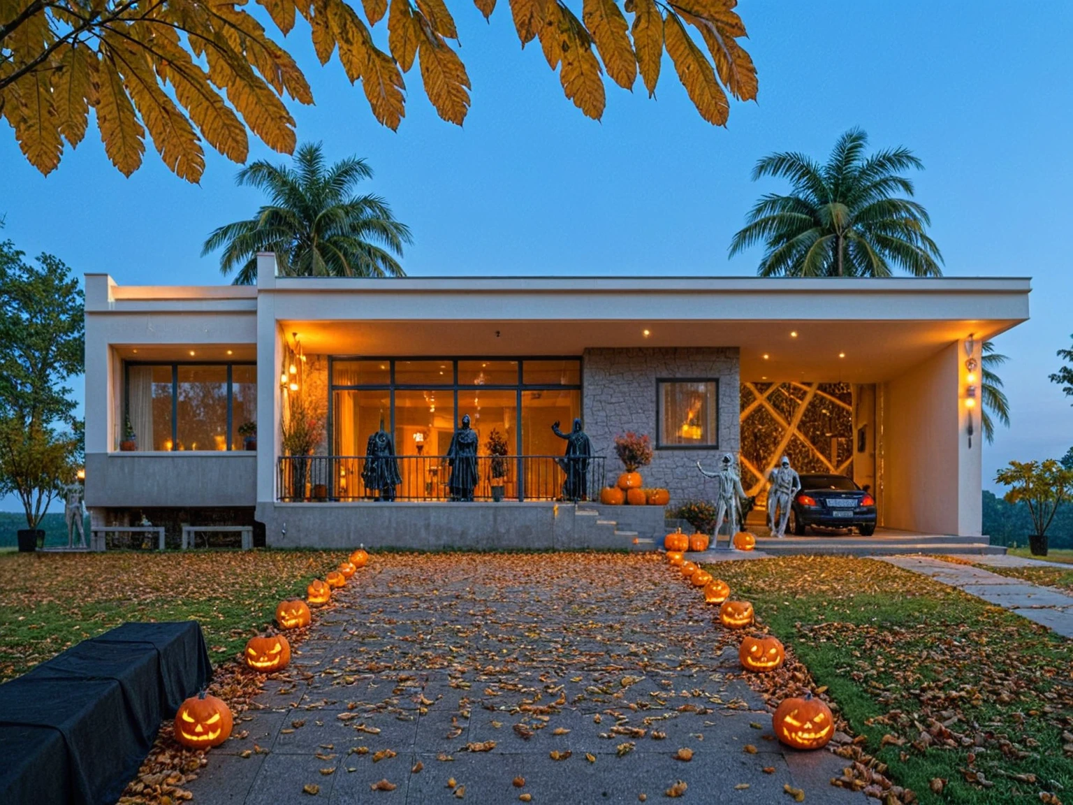 This image shows a dark, spooky mansion decorated for Halloween, reminiscent of a haunted house. The building has gothic-style architecture with sharp, pointed rooftops and an eerie, grayish façade. Glowing jack-o'-lanterns with mischievous, carved faces are lined up on the pathway leading to the entrance, their warm orange light casting an eerie glow. The atmosphere is dark and misty, with the sky having a deep blue twilight hue, adding to the haunting mood. Old-fashioned street lamps with orange lights flank the path, enhancing the creepy, Halloween ambiance of the scene,(sunset:1.2) (lightnight:1.2)
 vivid colour, (realistic:1.2),