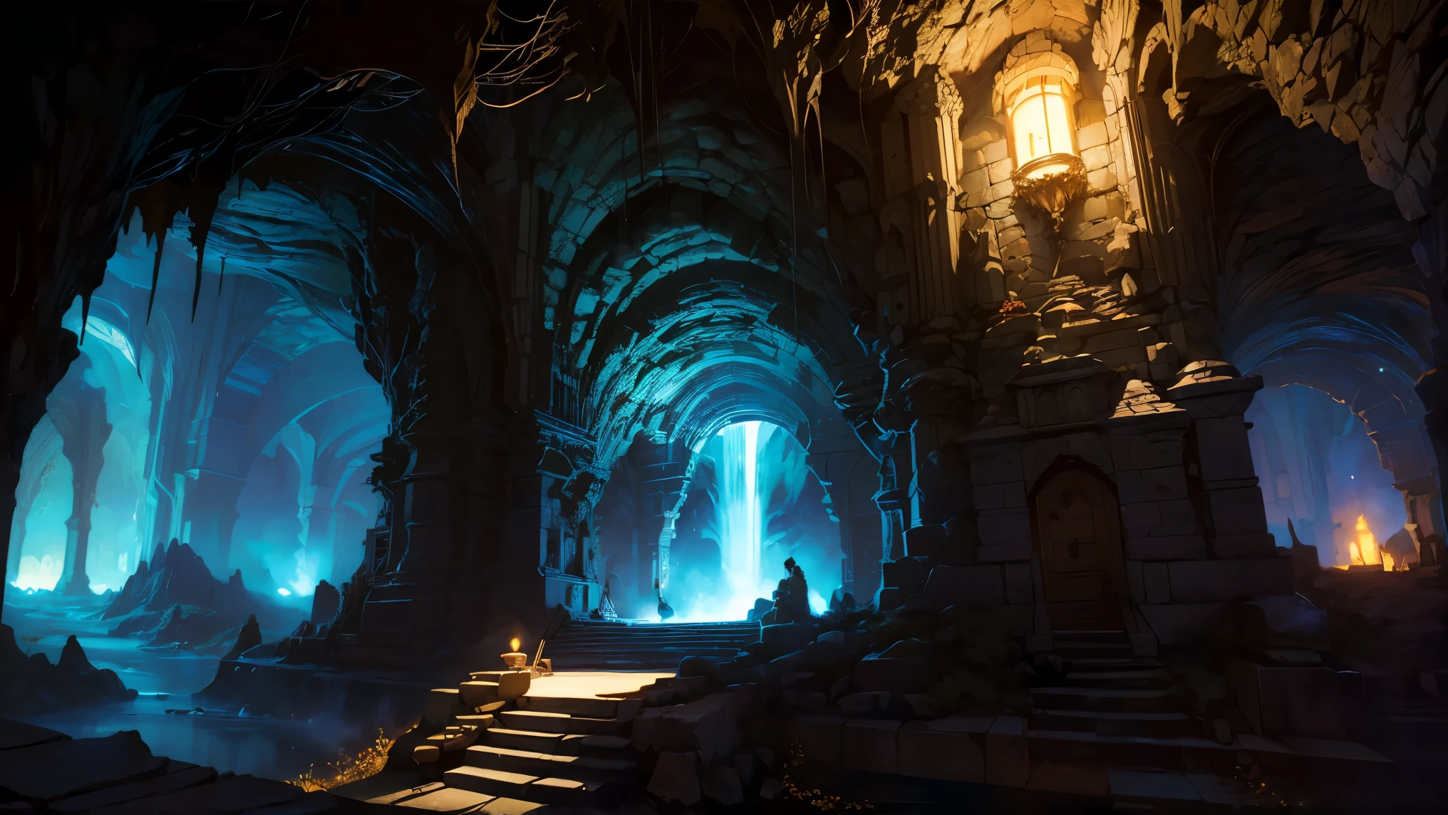 (Masterpiece, highest quality, Best Quality, Beautiful and aesthetic:1.2), massive underground dwarven city, (large hollow with sprawling tunnels:1.3), fusion of machines and nature, intricate spiral rock stairs, glowing forges illuminating the dark, (waterfalls cascading through the cavern walls:1.3), countless round windows and openings in the rock, glowing with warm light, steam rising from underground forges, ultra-detailed illustration, epic fantasy scene, (extremely delicate and beautifully crafted architecture:1.3), dynamic lighting, dramatic shadows, atmospheric composition
