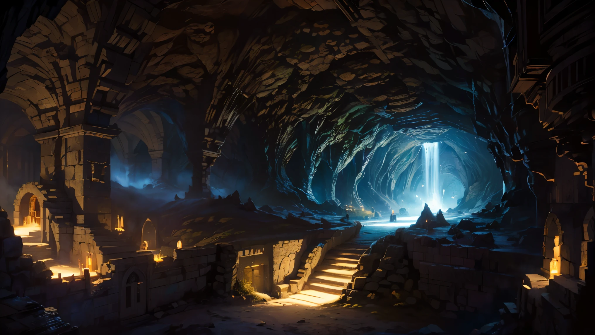 (Masterpiece, highest quality, Best Quality, Beautiful and aesthetic:1.2), massive underground dwarven city, (large hollow with sprawling tunnels:1.3), fusion of machines and nature, intricate spiral rock stairs, glowing forges illuminating the dark, (waterfalls cascading through the cavern walls:1.3), countless round windows and openings in the rock, glowing with warm light, steam rising from underground forges, ultra-detailed illustration, epic fantasy scene, (extremely delicate and beautifully crafted architecture:1.3), dynamic lighting, dramatic shadows, atmospheric composition