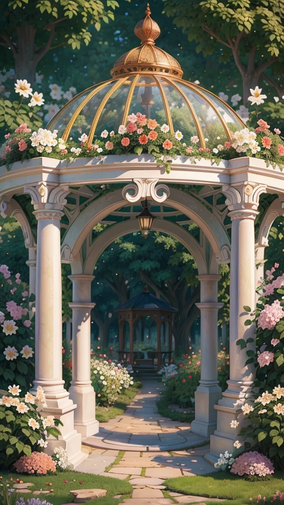 There is a gazebo，full of flowers and vines, royal garden background, beautiful render of a fairytale, , beautiful high resolution, Garden background, dreamy and detailed, Detailed landscapes, background artwork, high detal), well rendered, floral environment, pillar, Beautiful image, realistic garden, gazebo, arbor