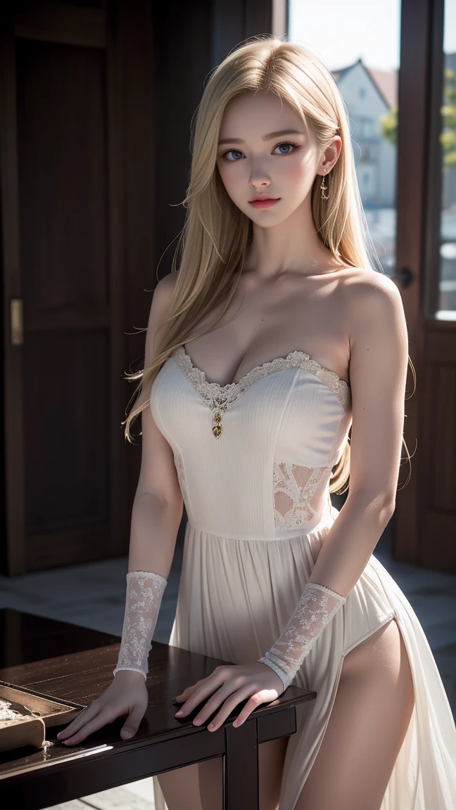 16K quality、Highest quality、masterpiece、High resolution、Real photo、 超High resolution、(((Long Shot、Full body portrait)))、((立っているウエディングドレスをめくり上げるかわいいBlondeの花嫁))、((Inside the church、altar))、(Shiny white silk wedding dress)、(Off-the-shoulder dress、Exposing the chest)、(((She lifts the hem of her dress with both hands to show her panties:1.5)))、((High cut high leg panties、Lace panties))、((White Stockings))、(((Blonde:1.5)))、 ((Blondeのアップヘアスタイル))、((Silk Veil、Gorgeous hair ornament))、((Lace Opera Gloves、Wedding ring on left ring finger))、Shiny earrings、choker、((blue eyes))、(((Stargazing、Open your mouth)))、 (((Ecstatic facial expression、A face full of pleasure、Climax、Drooping eyebrows and corners of the eyes)))、Embarrassing、Beautiful legs、(Big eyes、No makeup、Very beautiful and subtle makeup, Light makeup,)、Perfect body、Perfect hands、Perfect Fingers、Detailed and beautiful thin lips、A clear, beautiful face and well-proportioned eyes、Highly detailed eyes and face、Long eyelashes、double eyelid、A neat nose、Thin eyebrows、Border Light、Realistic Light、 Cute round face, Plump thighs、Accentuate your thighs、Hairstyle with bangs、Slender body、slim、Light-reflecting skin、Model body type、8Head to Body、Low - Angle、The light reflected in your eyes、Smaller face、Lip gloss、Looking away、Background blur、Movie lighting from the front、Light on face