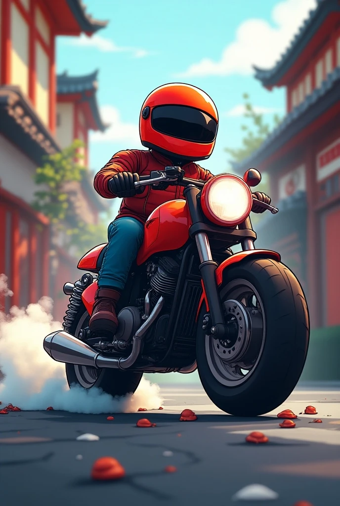 a picture of cartoon resemble of roblox riding 2 strokes motorbike with exhaust blowing the smoke and carburator, with theme japanese style, write "OK LAGI" below. wearing red colour helmet