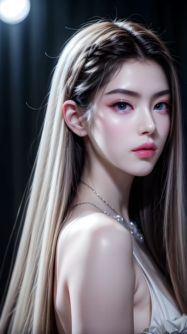masterpiece, Best quality, Nearly perfect, (Perfect face:1.1), (High Detail:1.1), drama, (1 person), Fair skin, (Pure white long hair:1.4), White eyes, Otto Seppalainen, Solitary, Long white hair, White luxury suit, Cover your belly button, Snob, Albinism, Luminous Studios Graphics Engine, Pout, Demon Magician, Volumetric Lighting, Detailed eyes, (8k wallpaper masterpiece), Super detailed, Intricate details, Absolute pixel perfection, Rosette, Fashion, side, Looking at the audience, Balenciaga style,No teeth showing