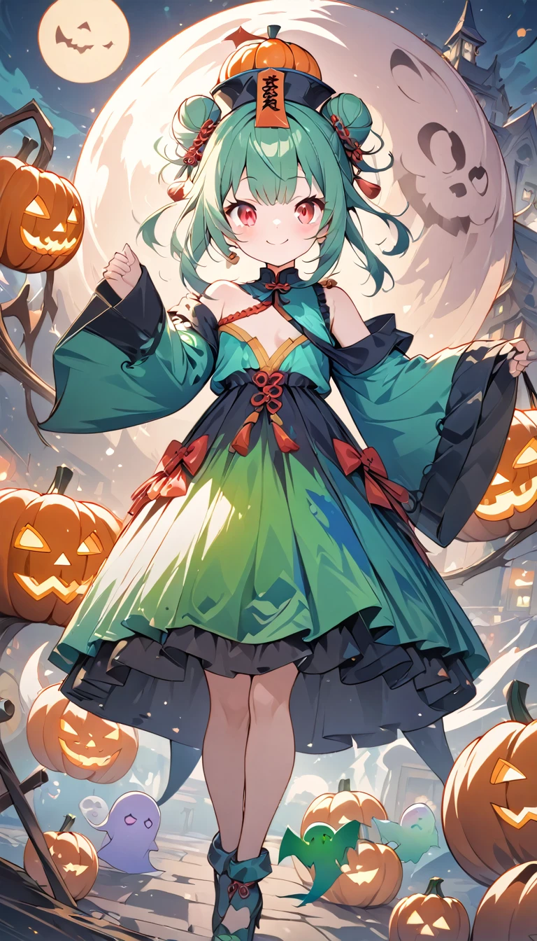 Momoko Sakura style、8K quality、, Best Quality,(((Rushia)))、(((Young Girl)))、(( 1 girl)),( Red Eyes),（Short stature）,((Emerald green hair))、Bun Hair、Young appearance、（Jiangshi costume）, nicely arranged jack-o-lanterns、（Sit on a jack-o-lantern ）、Floating Ghosts 、（ Halloween cityscape ）,((( exposed shoulder ))),Smiling with mouth closed、Happy Face, 、Avant-garde pop art, Beautiful and expressive paintings,  beautiful artwork illustration, Cool Beauty、 vector art ,  stylish design, (((Best Quality))),  High Resolution , ((masterpiece)), ((Super Details)),（ beautiful skin in NFSW）,(Full body painting)、Beautiful fingertips