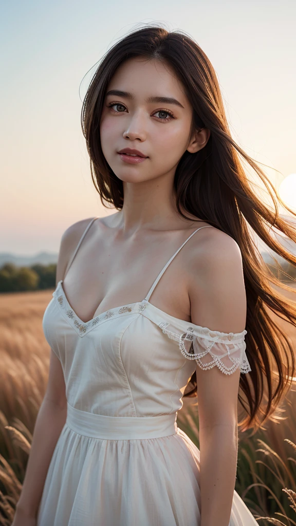 best qality,Jeizuo,super high resolution,(Realism:1.4),นมใหญ่, Blue sky and white clouds,A sea of green grass and flowers,Original photo,24-year-old sexy model,Nice face,Charming eyes,Slim figure,Long hair fluttering in the wind,White transparent gauze garment,White transparent skirt,Messy tops,Half-exposed chest,The shoulder straps slip off,Sexy legs,A skirt that flutters in the wind,Sit on the grass,Warm colors,Dark tones,A bottom-up perspective,incredibly detailed,Super detailed
