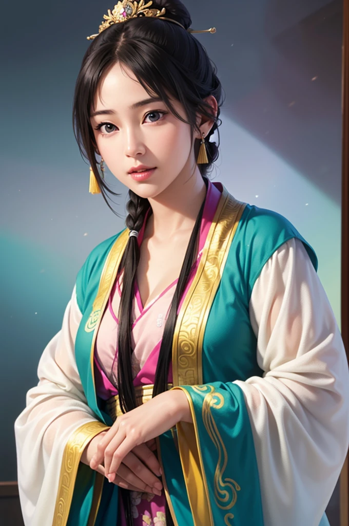 Han Dynasty Landscape、Three Kingdoms、(Best Quality,4K,8k, High Resolution ,masterpiece:1.2)、 very detailed ,  High Resolution ,、Hyper HD、 Studio Lighting 、Ultra-fine painting、  sharp focus lined up in such poses、  physically-based rendering 、  very detailed 説明、 professional、  bright colors、Traditional Chinese Painting Techniques、  atmospheric lighting 、 Vivid color contrast、 very detailed 目と顔、  beautiful attention to detail 、  light shines on the face 、Hanfuを着た少女、(Hanfu: 1.1)、Eye color is dark green、((( 1 girl)))、 anatomically correct