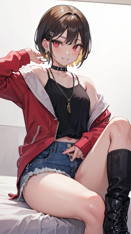 (8K、Highest image quality、highest quality、masterpiece)、detailed face、1 girl、blonde、very short hair、red eyes、earrings、evil smile、tooth、grin、((brown skin:1.1))、small breasts、Clothing: oversized, distressed denim jacket with patches and pins, paired with black skinny jeans and combat boots, Accessories: silver hoop earrings and a black choker necklace,、open legs、Take from below、((bedroom background))
